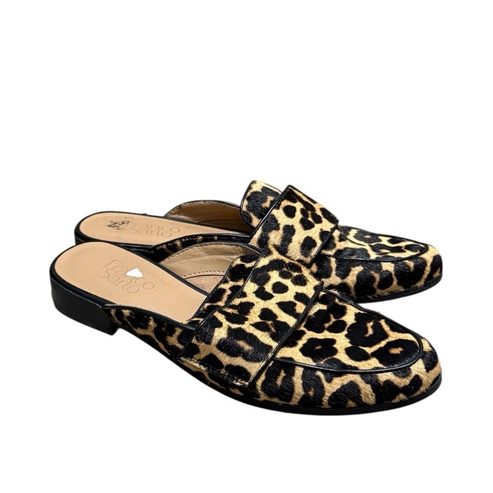 Franco Sarto Leopard Print Calf Hair Mules Shoes Tan Black Size 7.5M